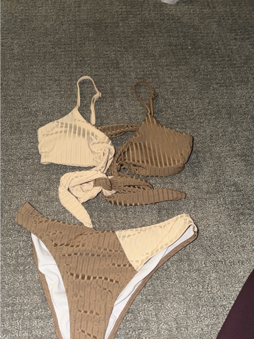SHEIN Two-Tone Beige & Brown Ribbed Bikini Set